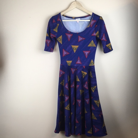 LuLaRoe Nicole blue triangle geometric dress XS - Picture 2 of 5